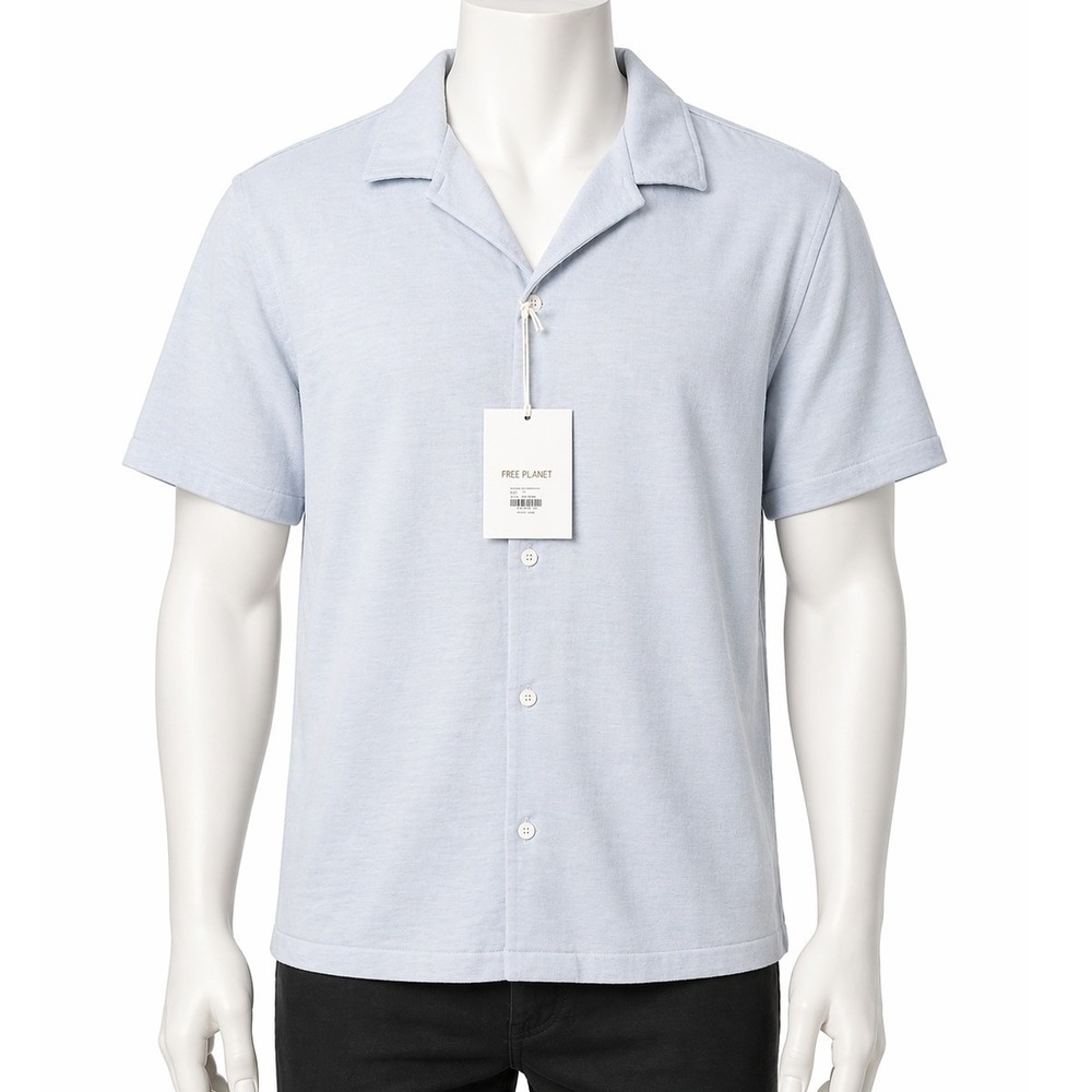 Free Planet Mens M Short Sleeve Button Down Shirt Light Blue Camp Collar New